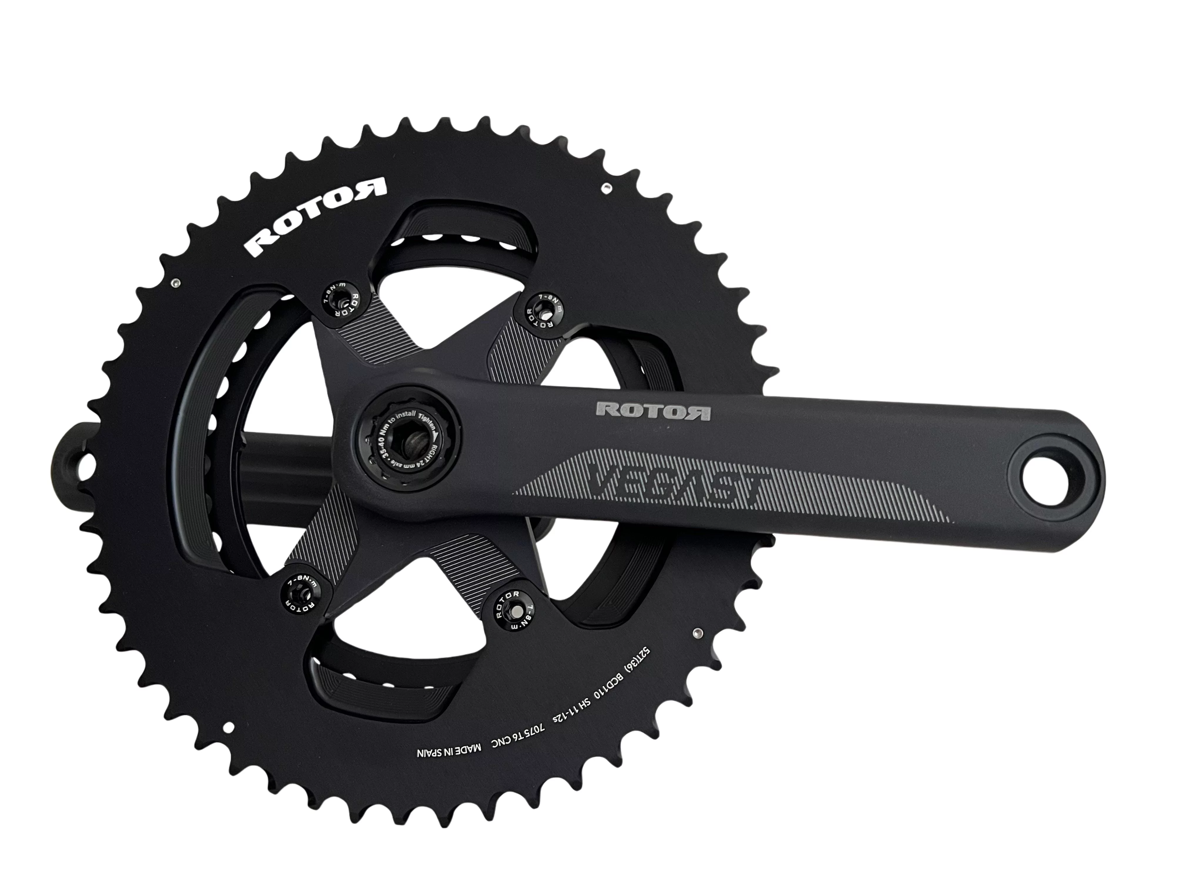 Compare 50/34 and 52/36 cranksets – Rotor Vegast 52/36 shown with optimal gearing for flat or hilly rides Rotor Vegast 52/36 crankset compatible with wide range of chainrings – comparison between 50/34 and 52/36 cranksets for climbing or flat riding – Velo-Perso technical guide
